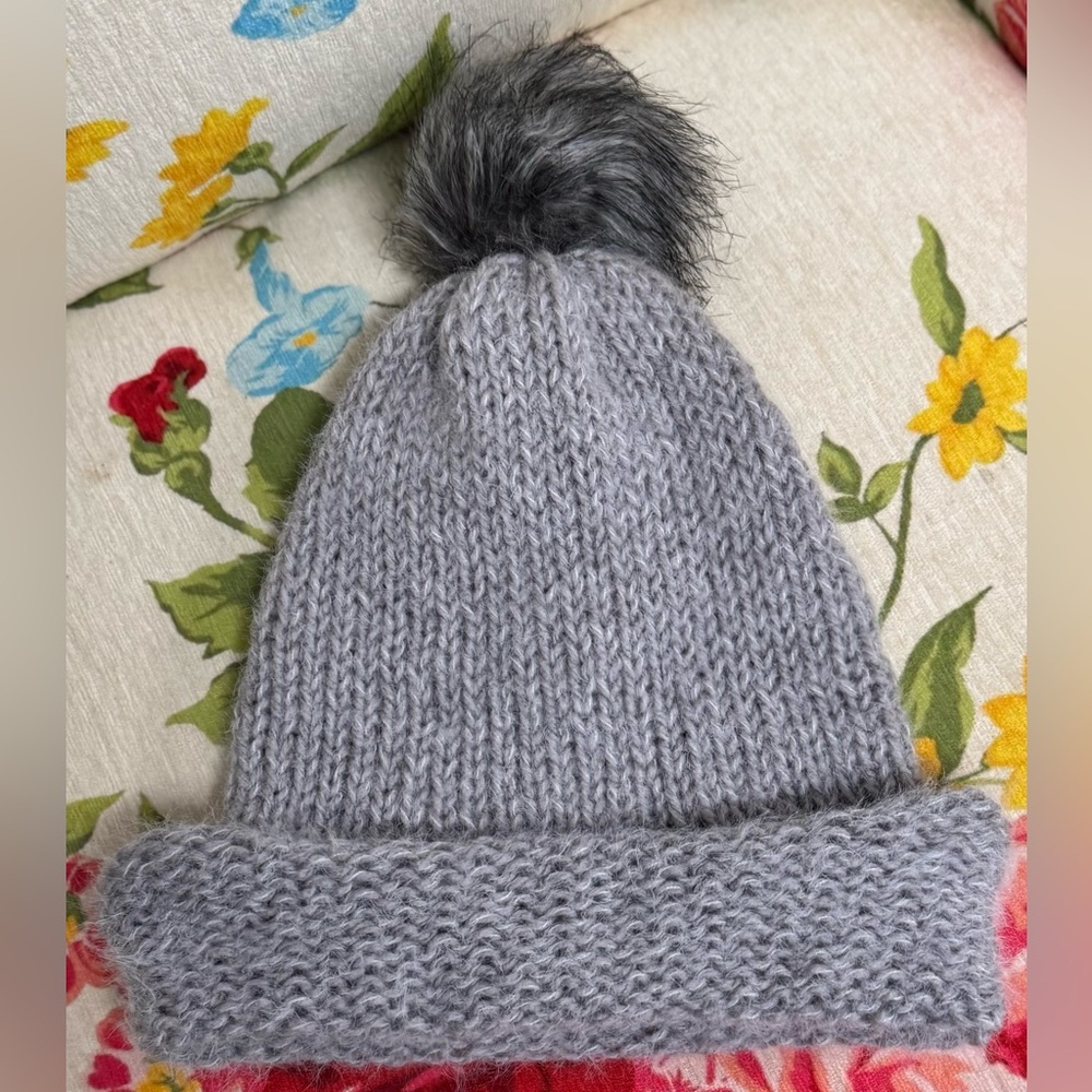 Handmade Hand Crafted Knit Slouchy Hat with Fur Pompom Gray